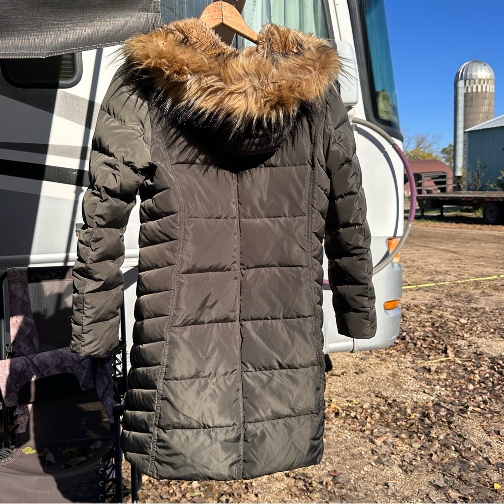 Cole Haan Down Puffer Coat Size L Green Long Hood Lined Jacket Normcore Outdoor